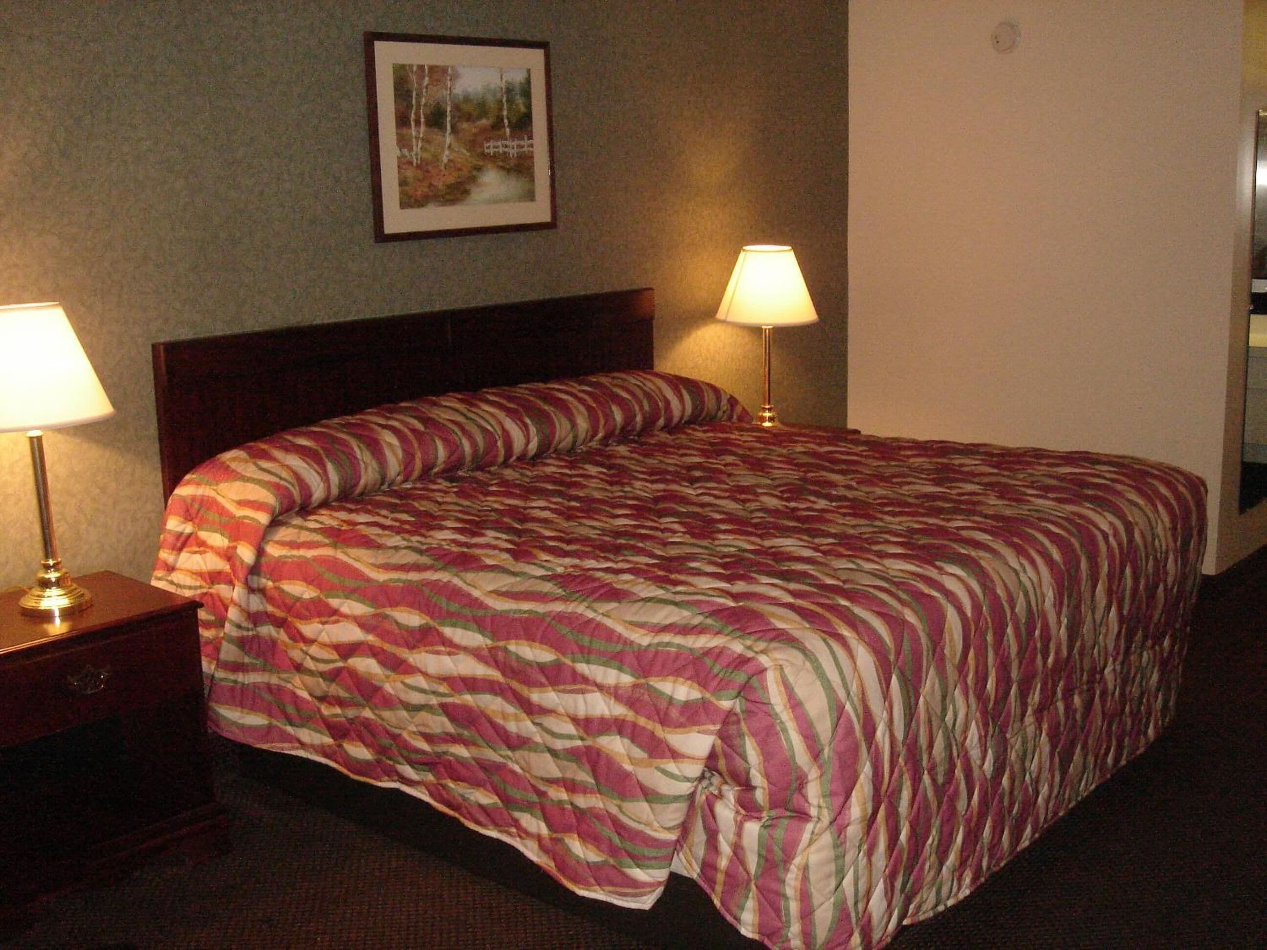 A hotel room with a large bed, two bedside lamps, a framed picture on the wall, and a nightstand with a drawer.