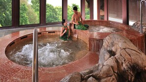 A hot spring area with two people, one sitting and one standing, surrounded by large windows and a stone structure. - Pulai Springs Resort (Johor Bahru)
