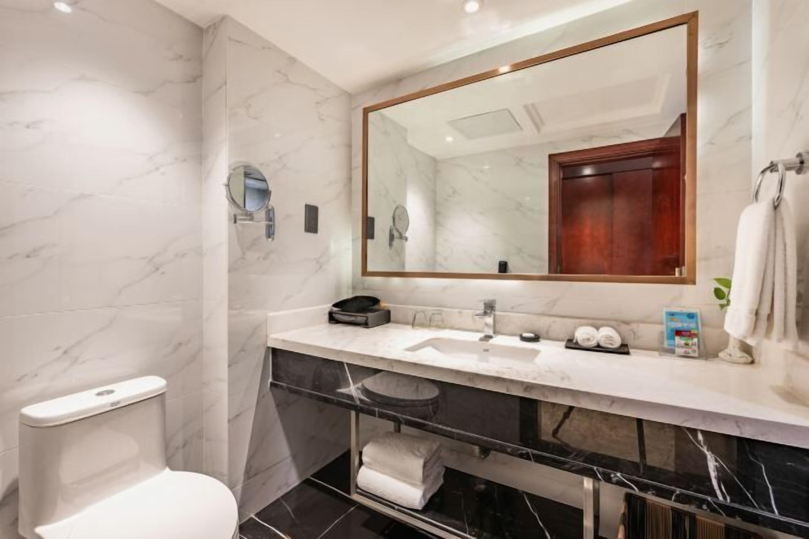 Ein modernes Badezimmer mit Marmorwand, einem großen Spiegel, einem weißen Waschbecken und einer Toilette.