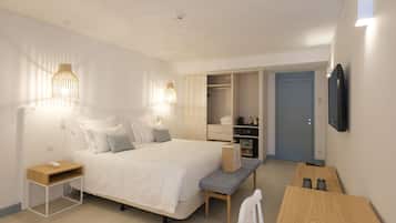 Un dormitorio moderno con una cama grande, mesitas de noche, un banco, un escritorio, un armario y un televisor.