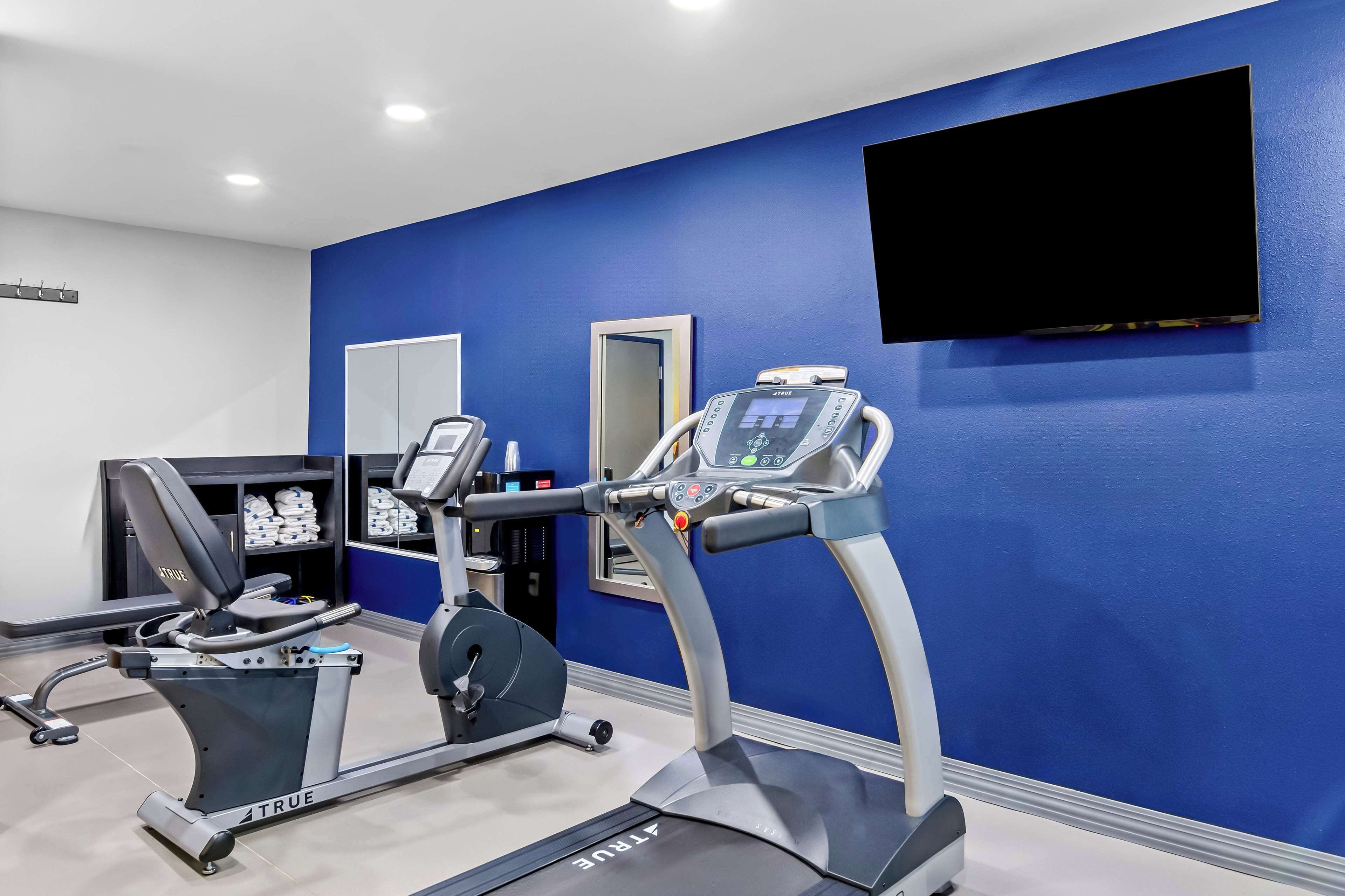 A gym with a treadmill, elliptical, and weight machine.