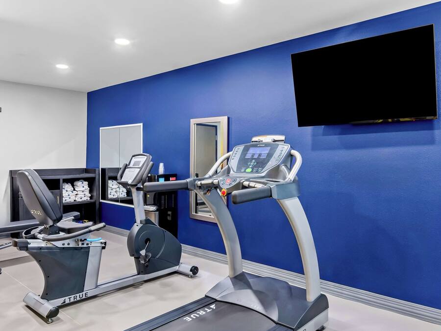 A gym with a treadmill, elliptical, and weight machine.