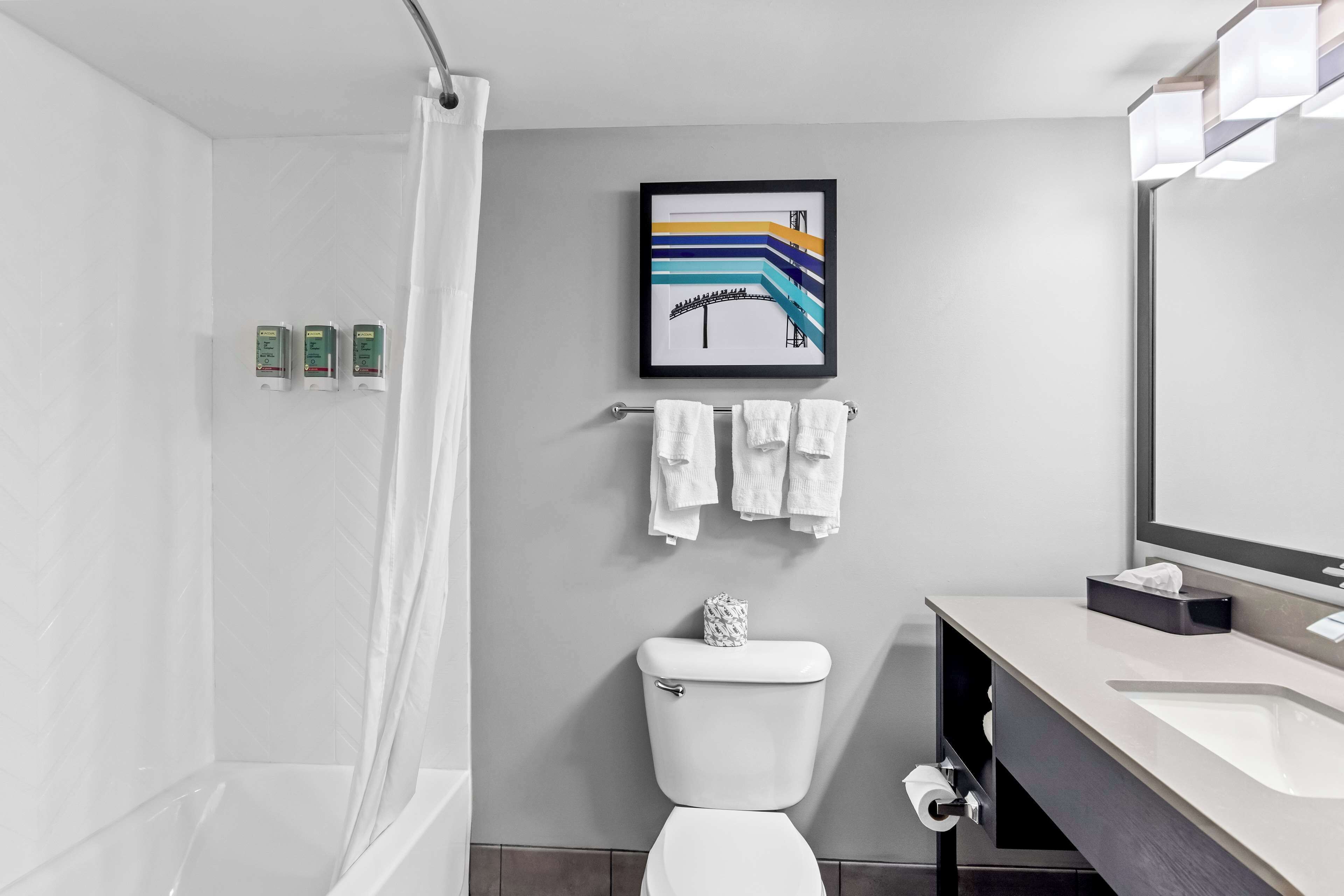Un baño moderno con ducha, inodoro y lavamanos. Hay una obra de arte enmarcada en la pared y un perchero con toallas.