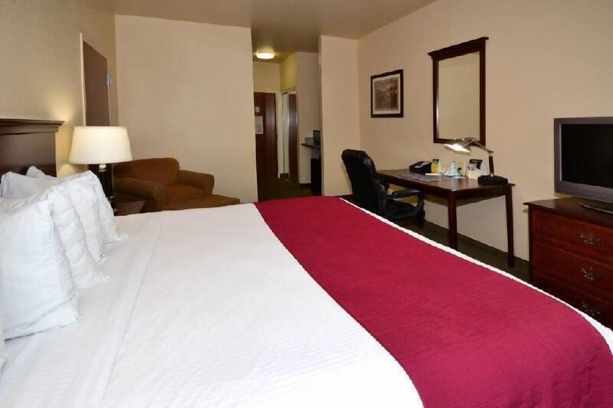 Ett hotellrum med en säng, ett skrivbord, en stol, en tv och en spegel.