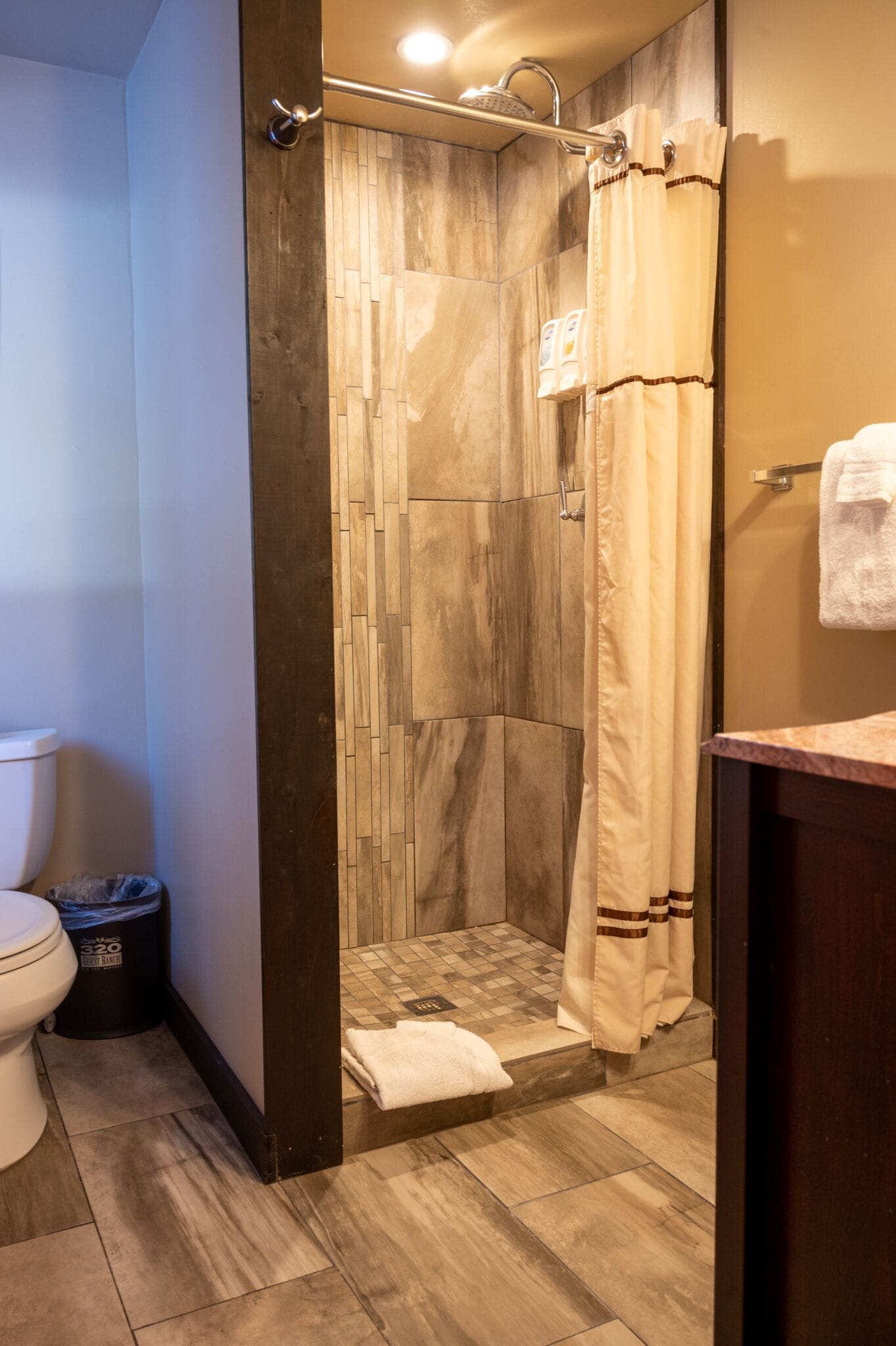 A bathroom with a shower, toilet, and a sink area.