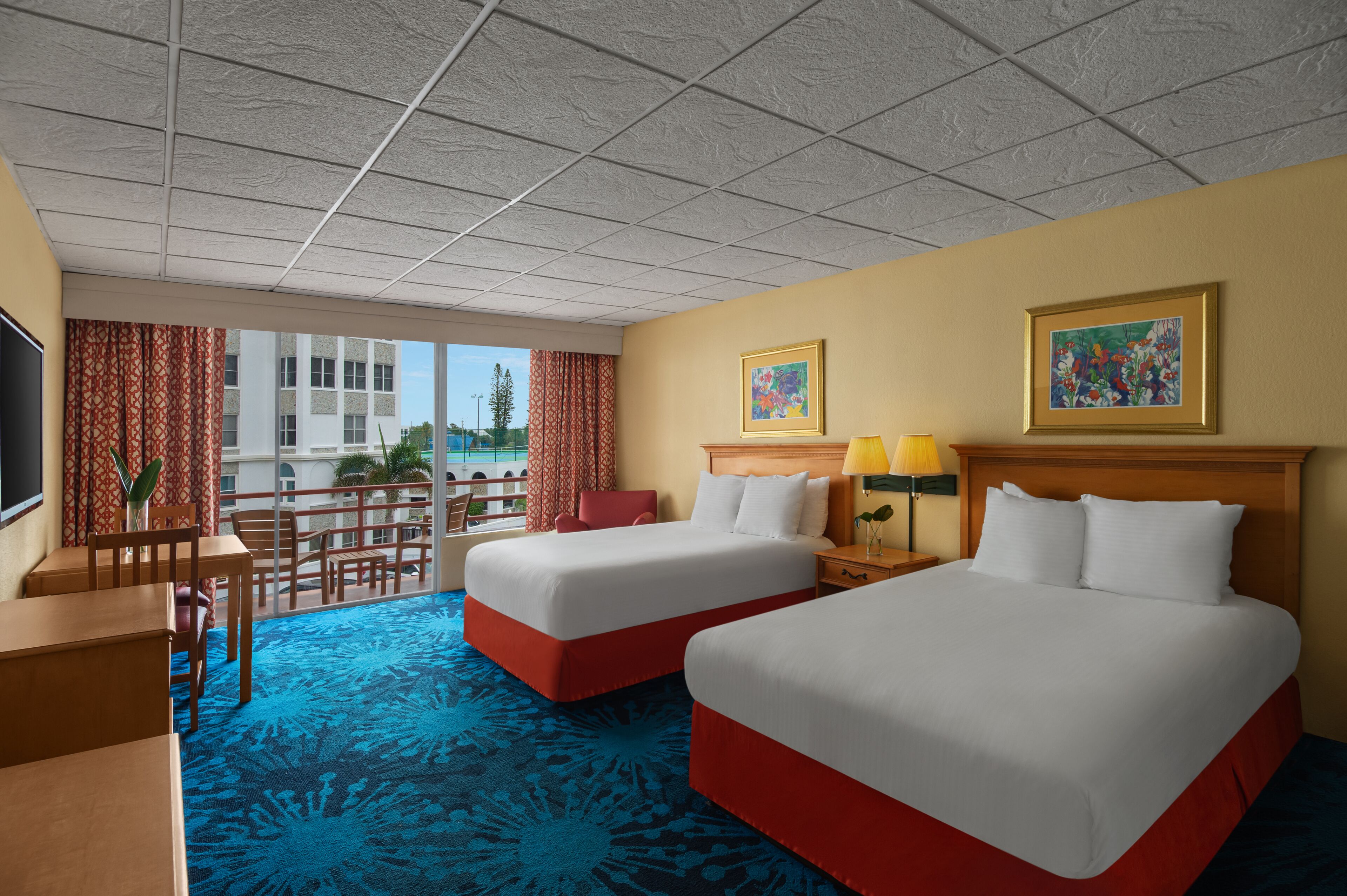 pool view 2 double beds | premium bedding, in-room safe, blackout curtains, iron/ironing board