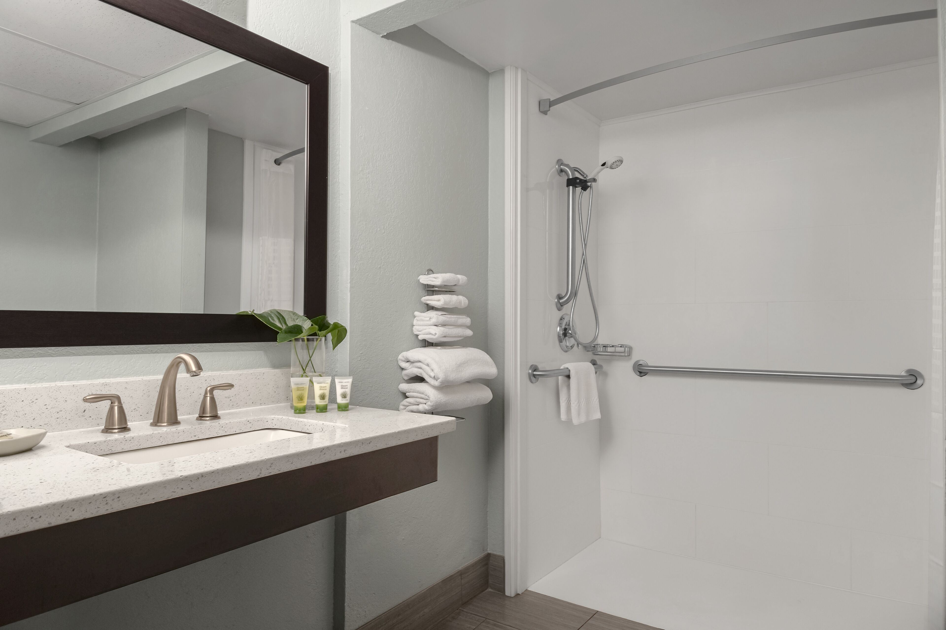 combined shower/bathtub, free toiletries, hair dryer, towels