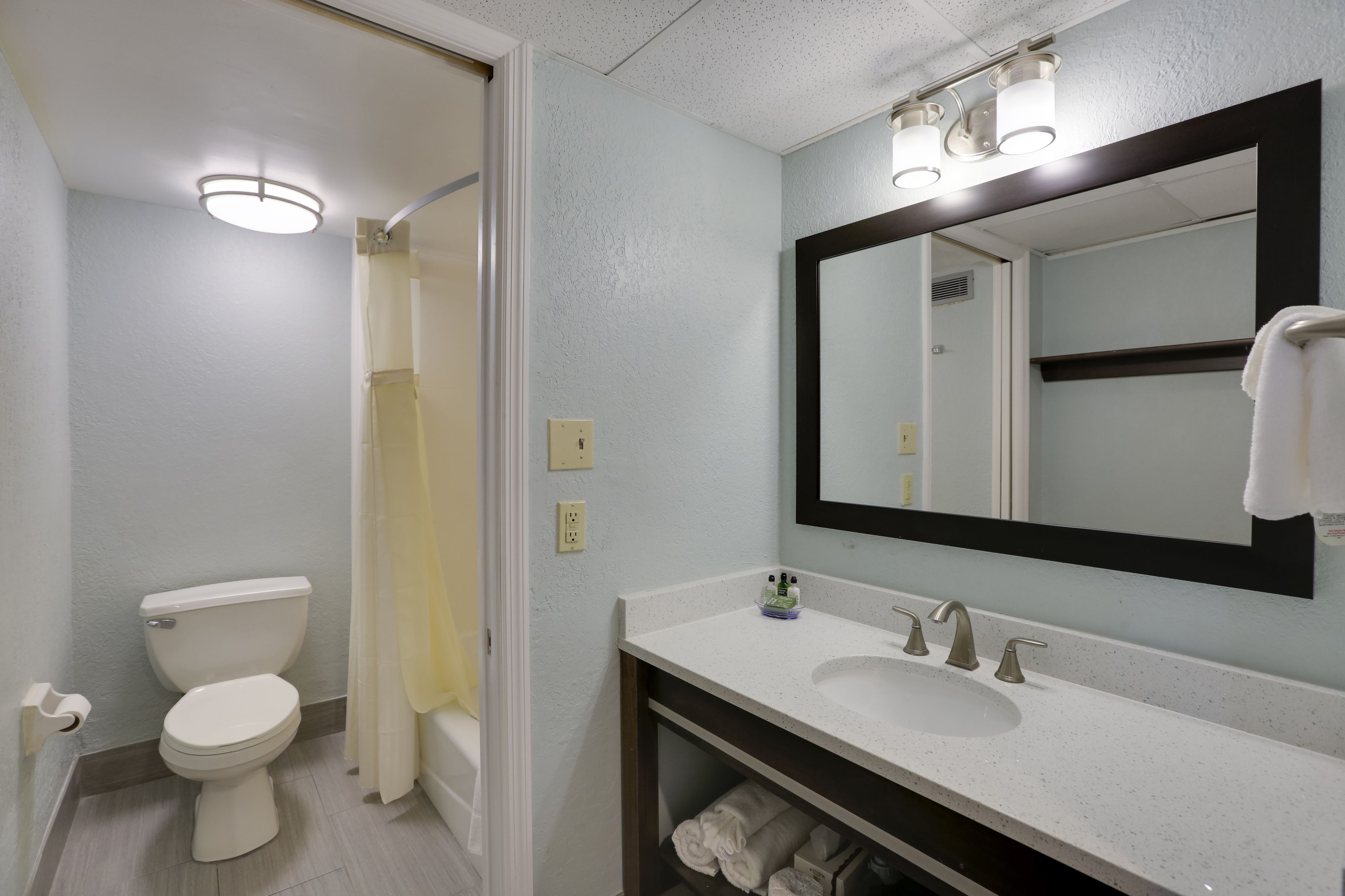 combined shower/bathtub, free toiletries, hair dryer, towels
