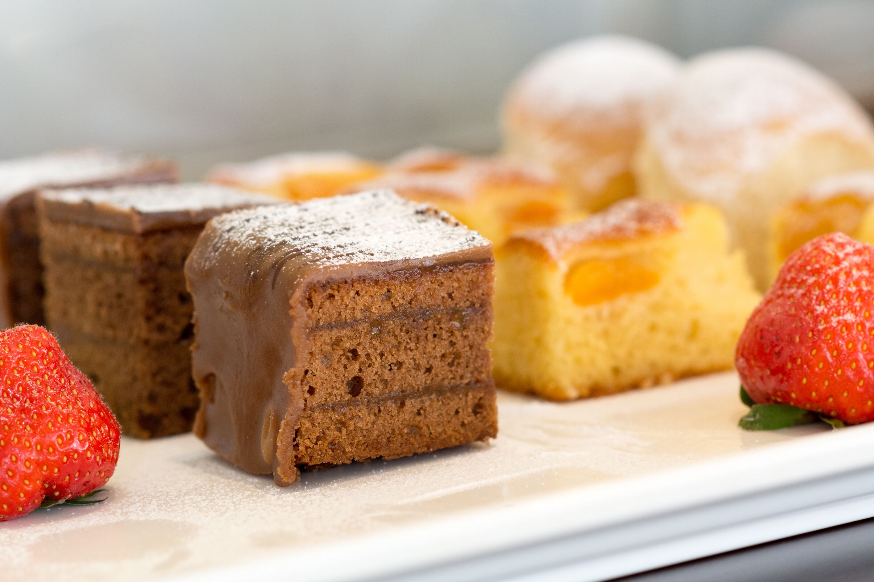 A variety of cakes and pastries on a white plate, including a chocolate cake with a dusting of powdered sugar and a strawberry.
