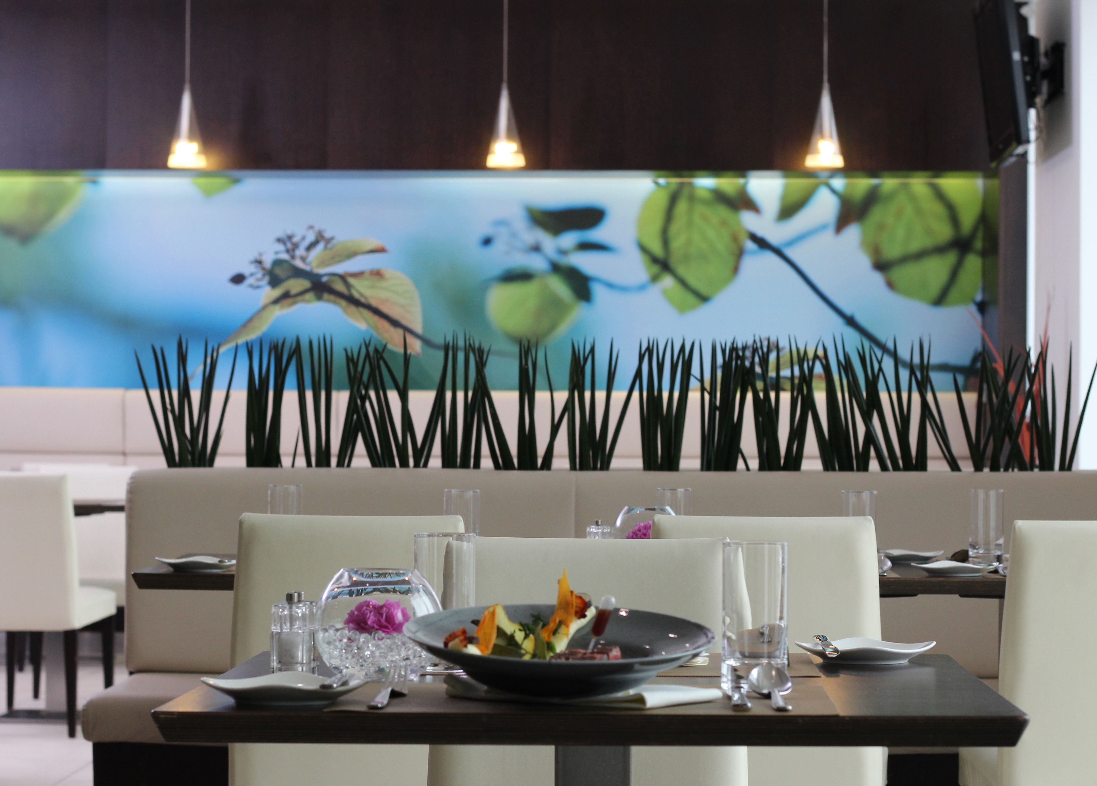 A dining table set with plates, glasses, and a bowl of food, with a decorative wall and plants in the background.