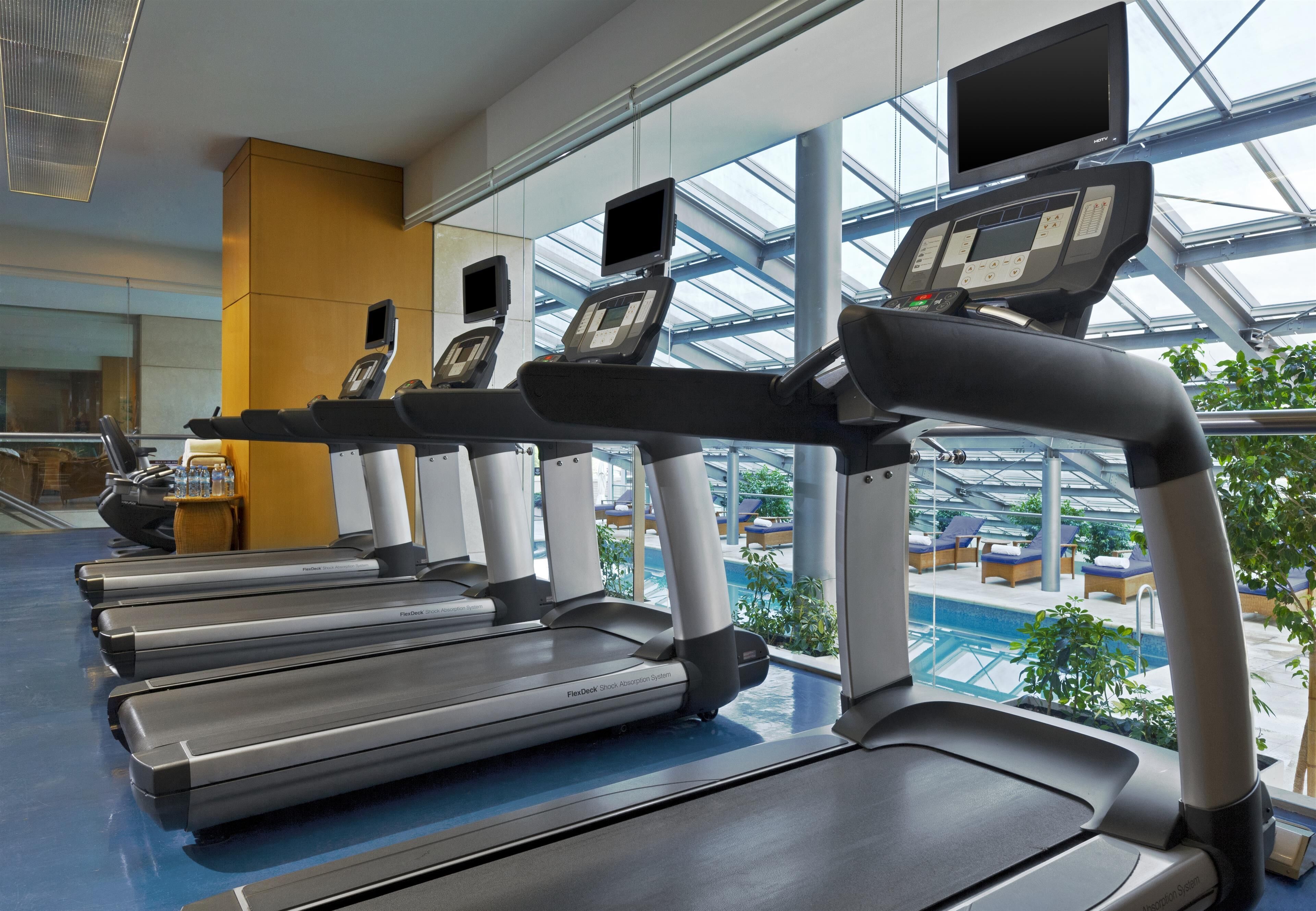 A row of treadmills with digital screens, a glass ceiling, and a view of an outdoor pool area.