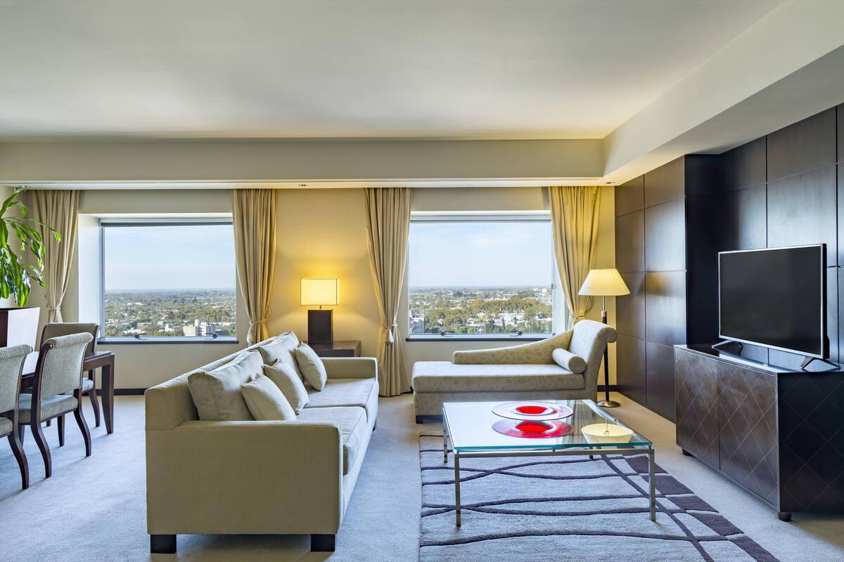 Une chambre d’hôtel moderne équipée d’un canapé, d’un fauteuil, d’une télévision et offrant une vue sur la ville.