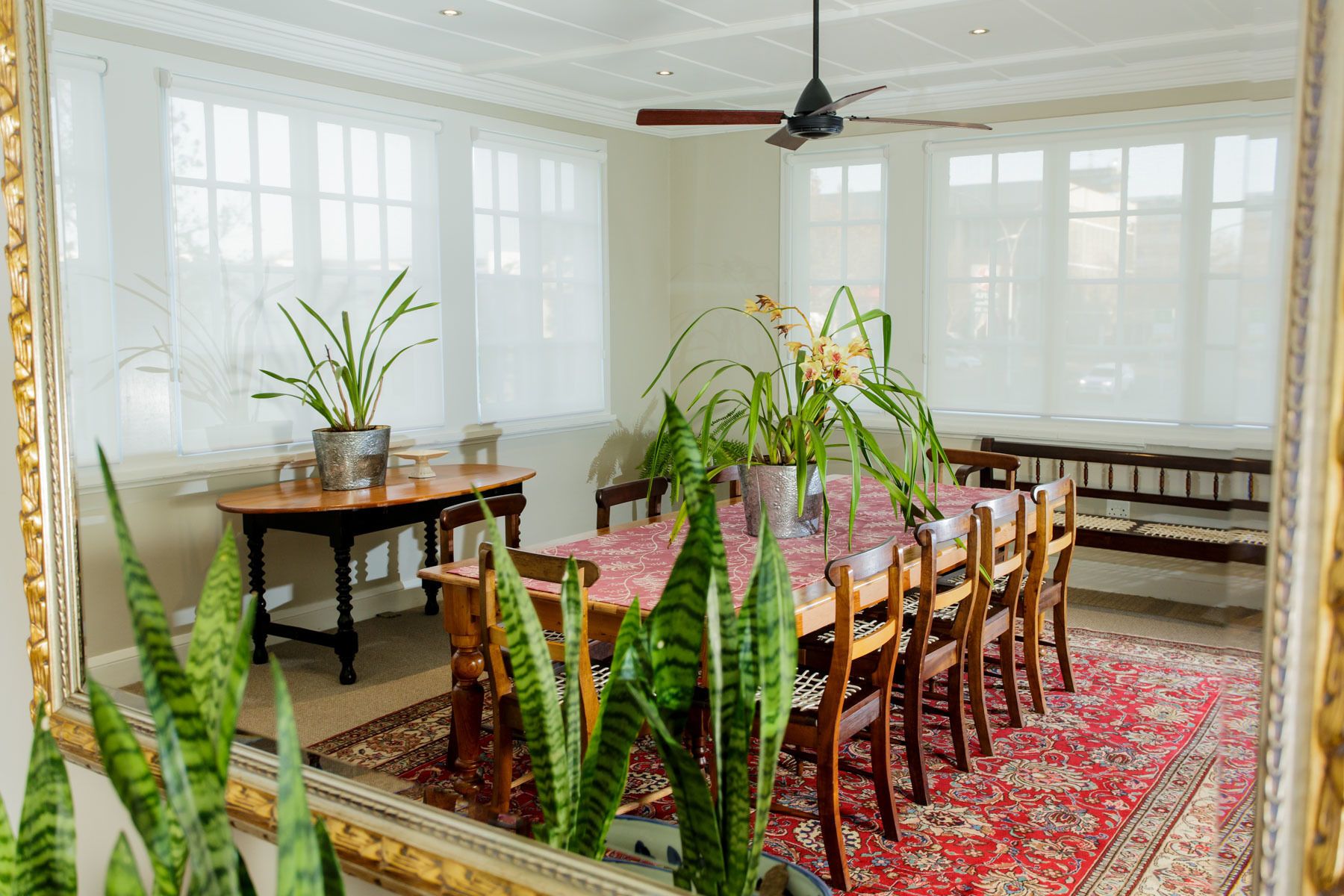 A dining area with a round table, chairs, potted plants, and a red patterned rug.