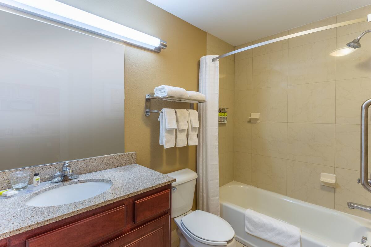 Une salle de bain avec un lavabo, des toilettes et une baignoire.