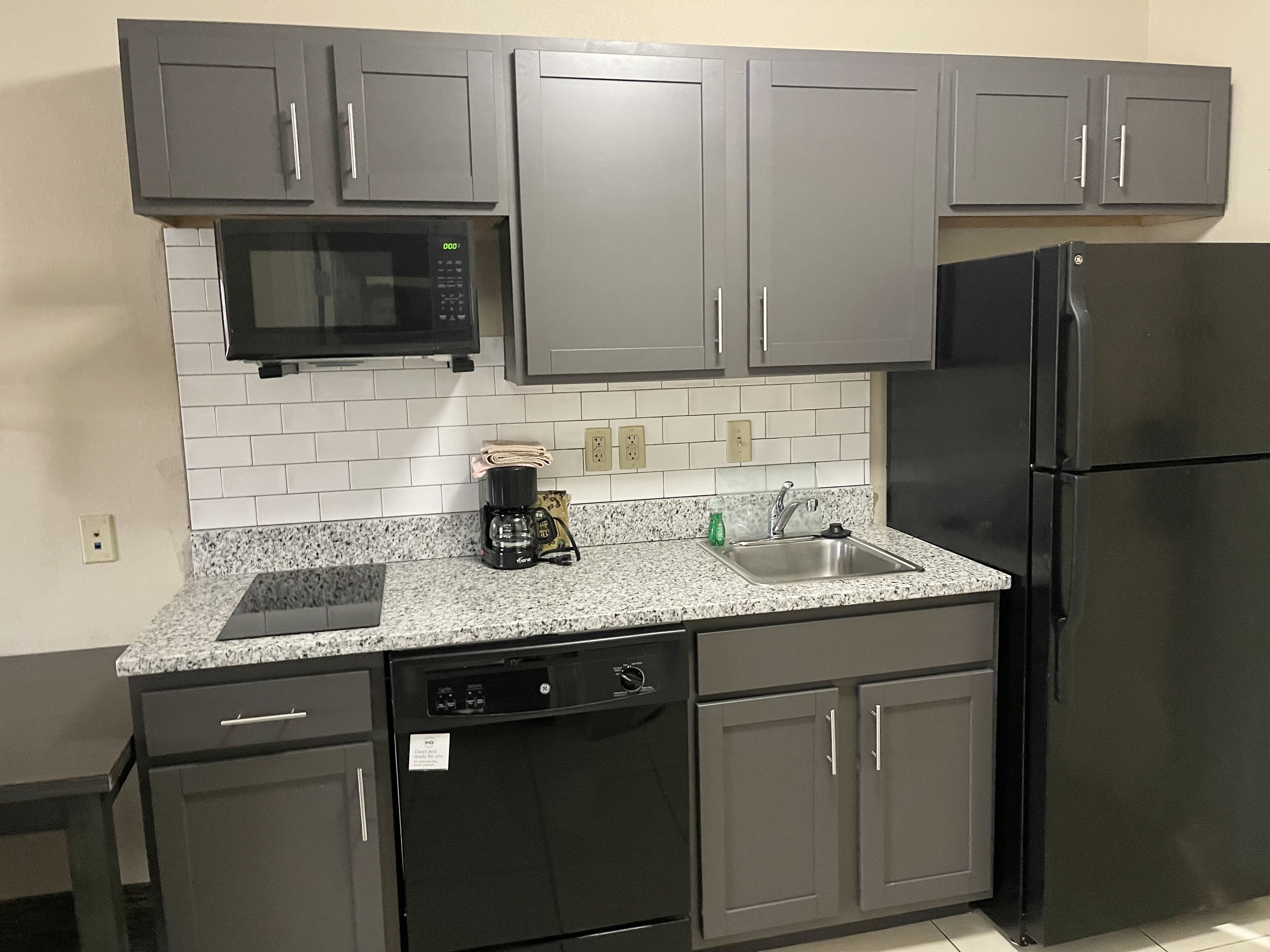 Großer Kühlschrank, Mikrowelle, Herdplatte, Geschirrspüler