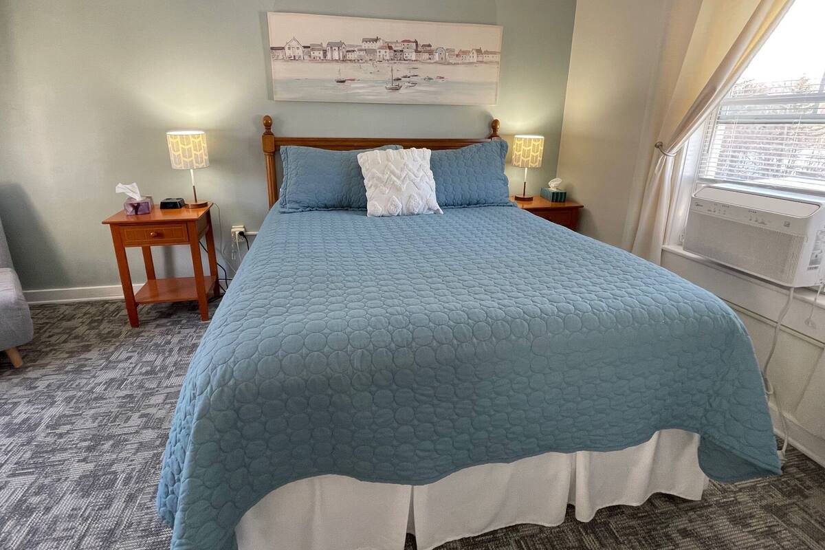 Una cama con colcha azul, dos mesitas de noche con lámparas, un cuadro en la pared y una ventana con aire acondicionado.