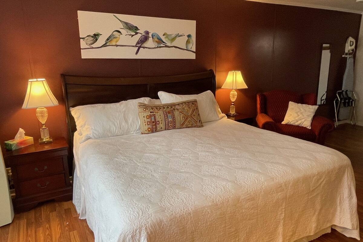 Una habitación de hotel con una cama grande, dos lámparas de noche, una silla, un aparador de madera y un cuadro de pájaros en la pared.