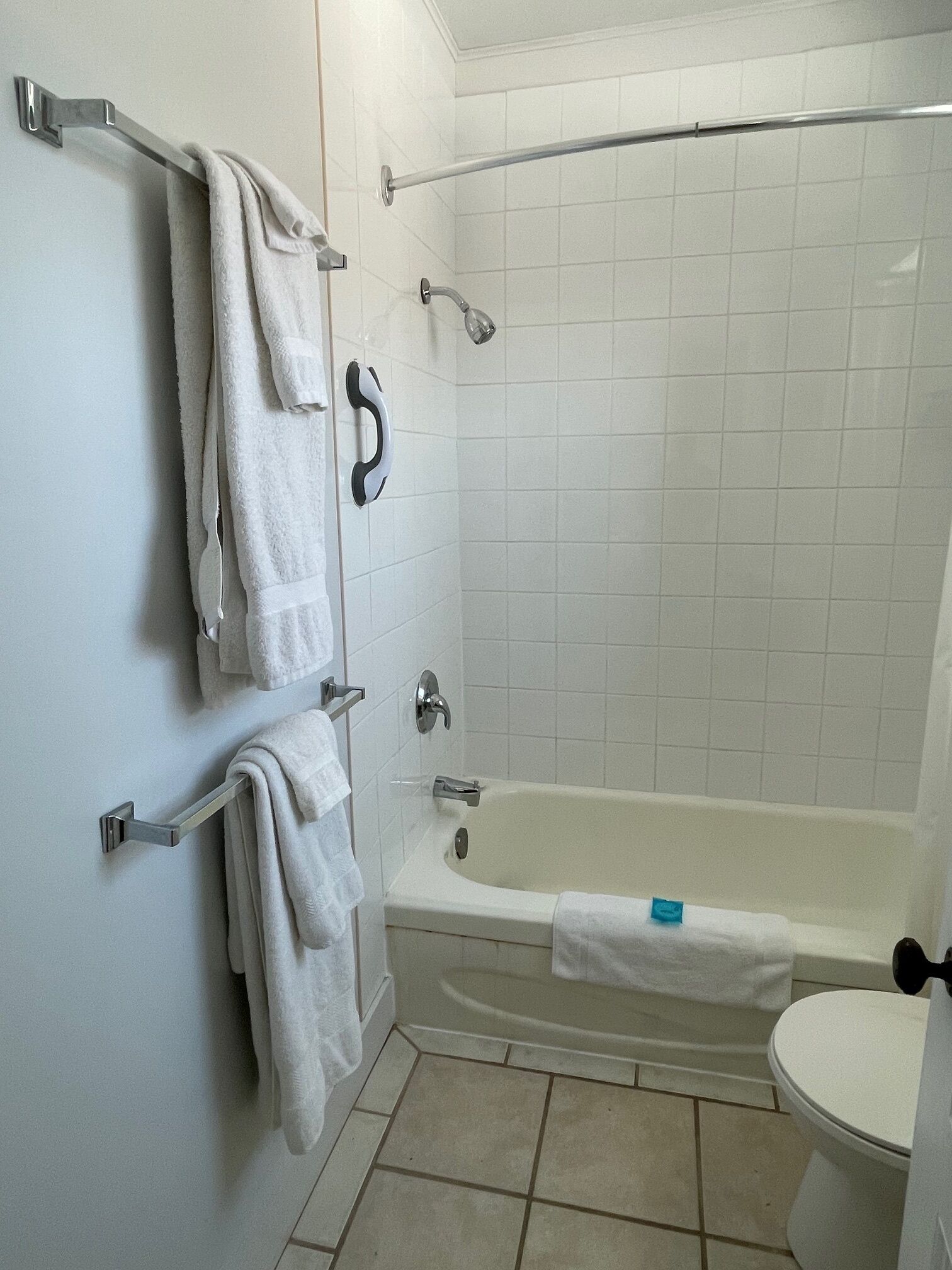 A bathroom with a bathtub, toilet, and towel racks.
