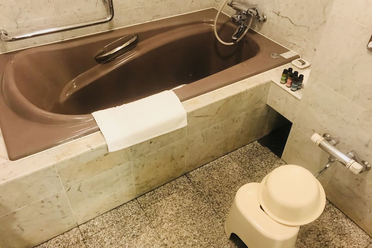 combined shower/bathtub, free toiletries, hair dryer, slippers