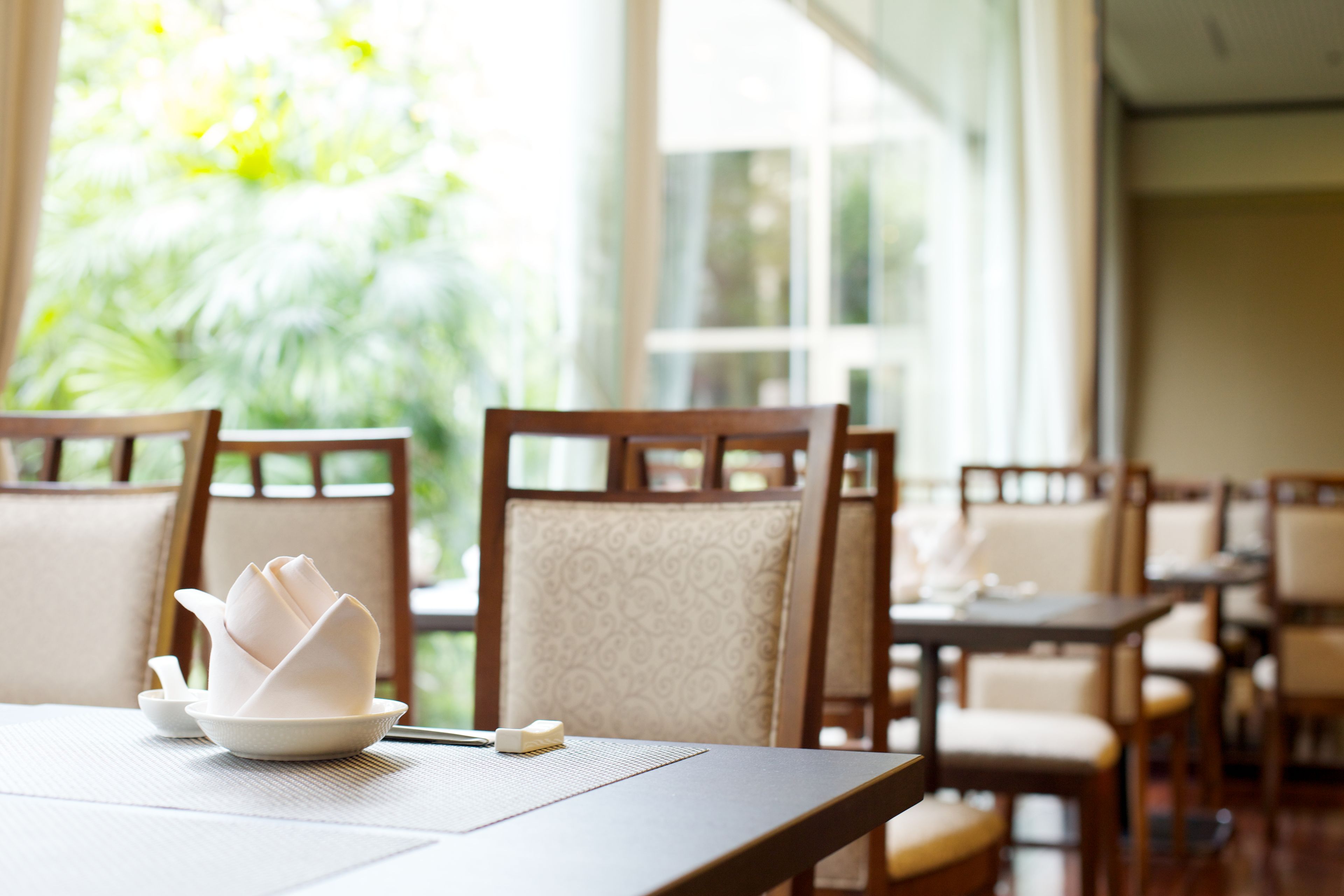 A dining area with wooden chairs and tables, a bowl of folded napkins, and a window with a view of greenery.