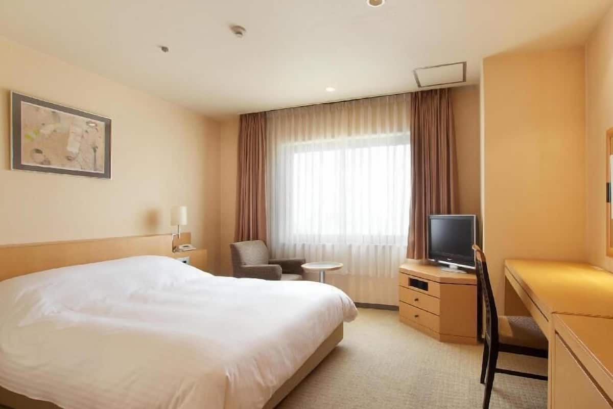 Habitación de hotel con una cama grande, un escritorio con televisor, una silla y una mesita.