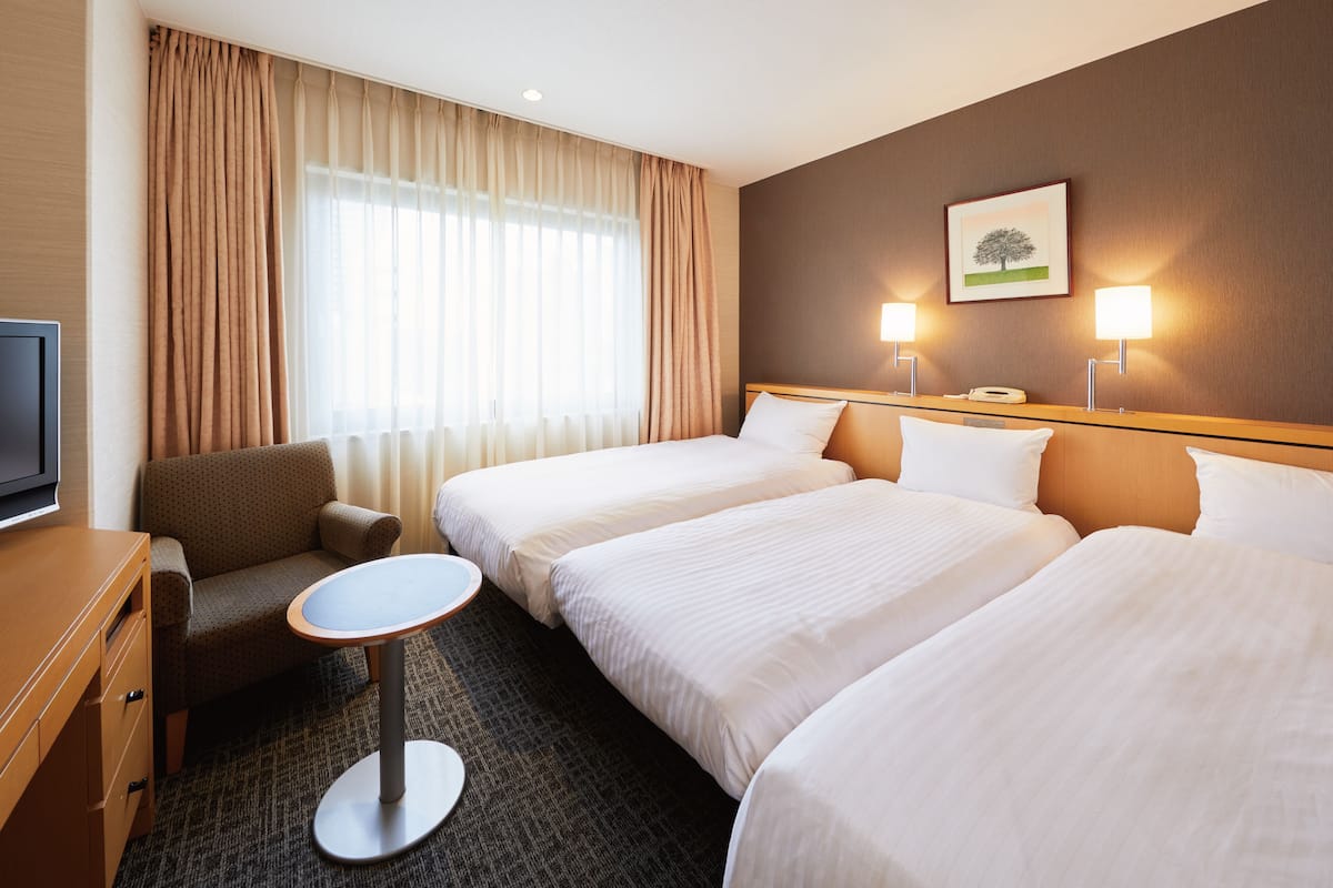 Habitación de hotel con dos camas, televisión, una mesita y una silla.