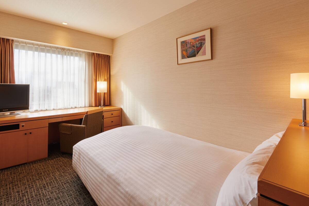 Habitación de hotel con cama, escritorio con silla, televisión y un cuadro en la pared.