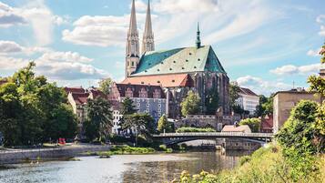 A historic church with twin spires and a green roof, surrounded by trees and a river.