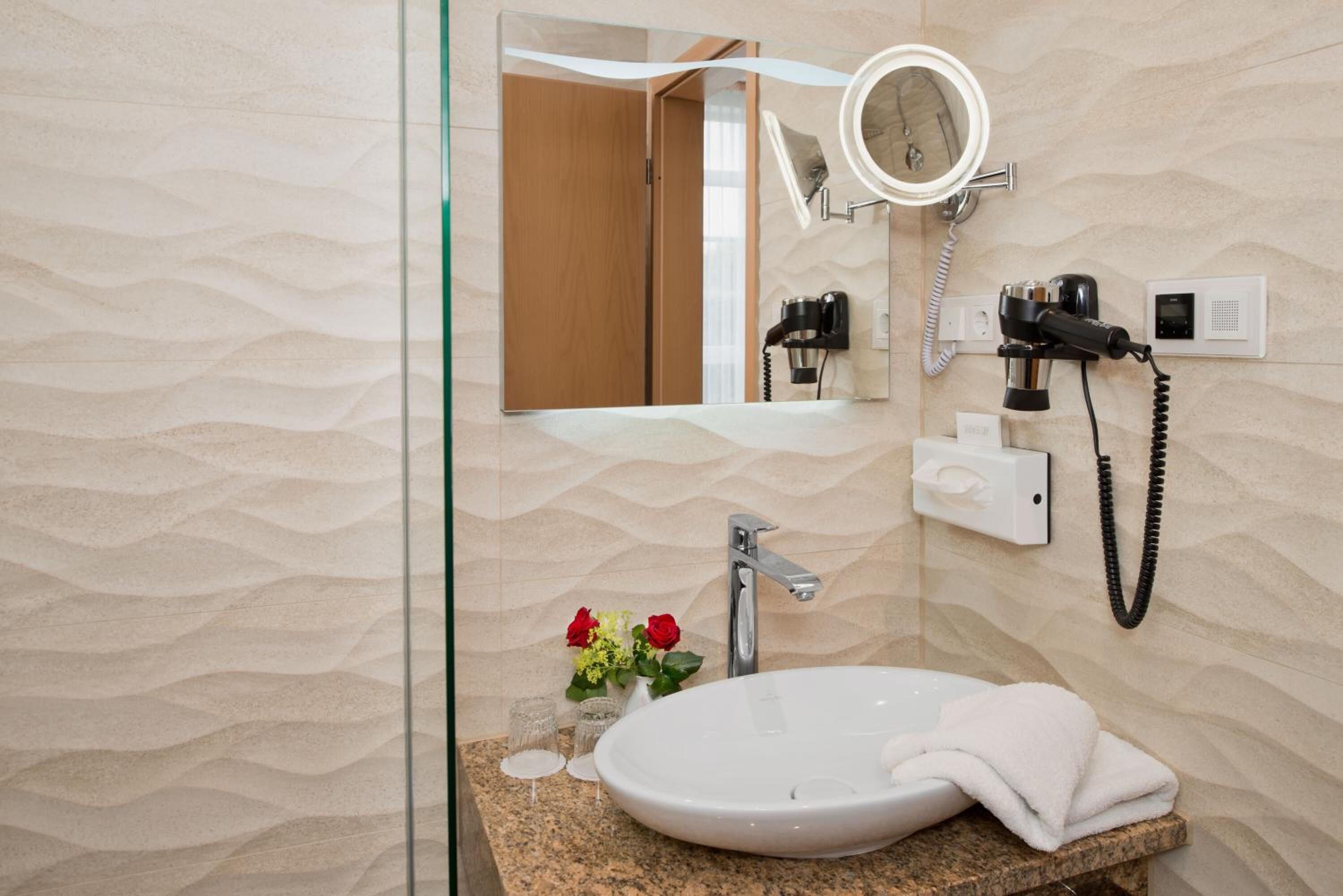 free toiletries, hair dryer, towels