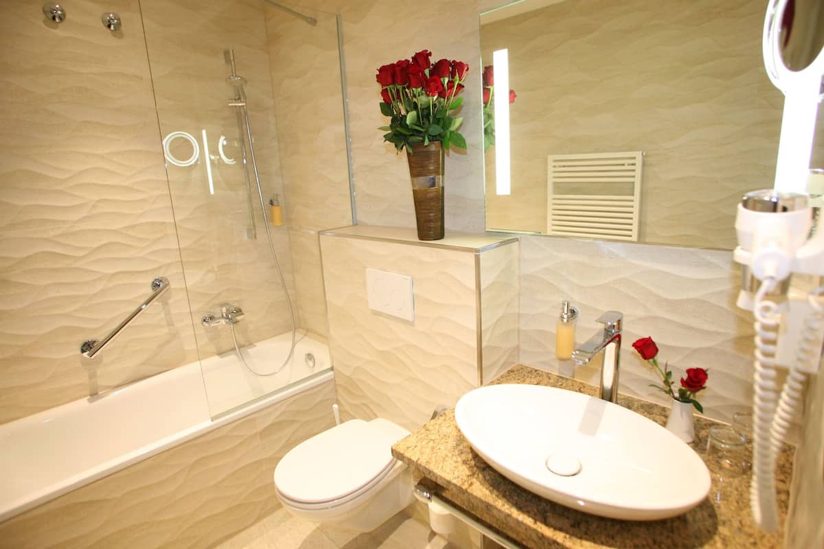 free toiletries, hair dryer, towels