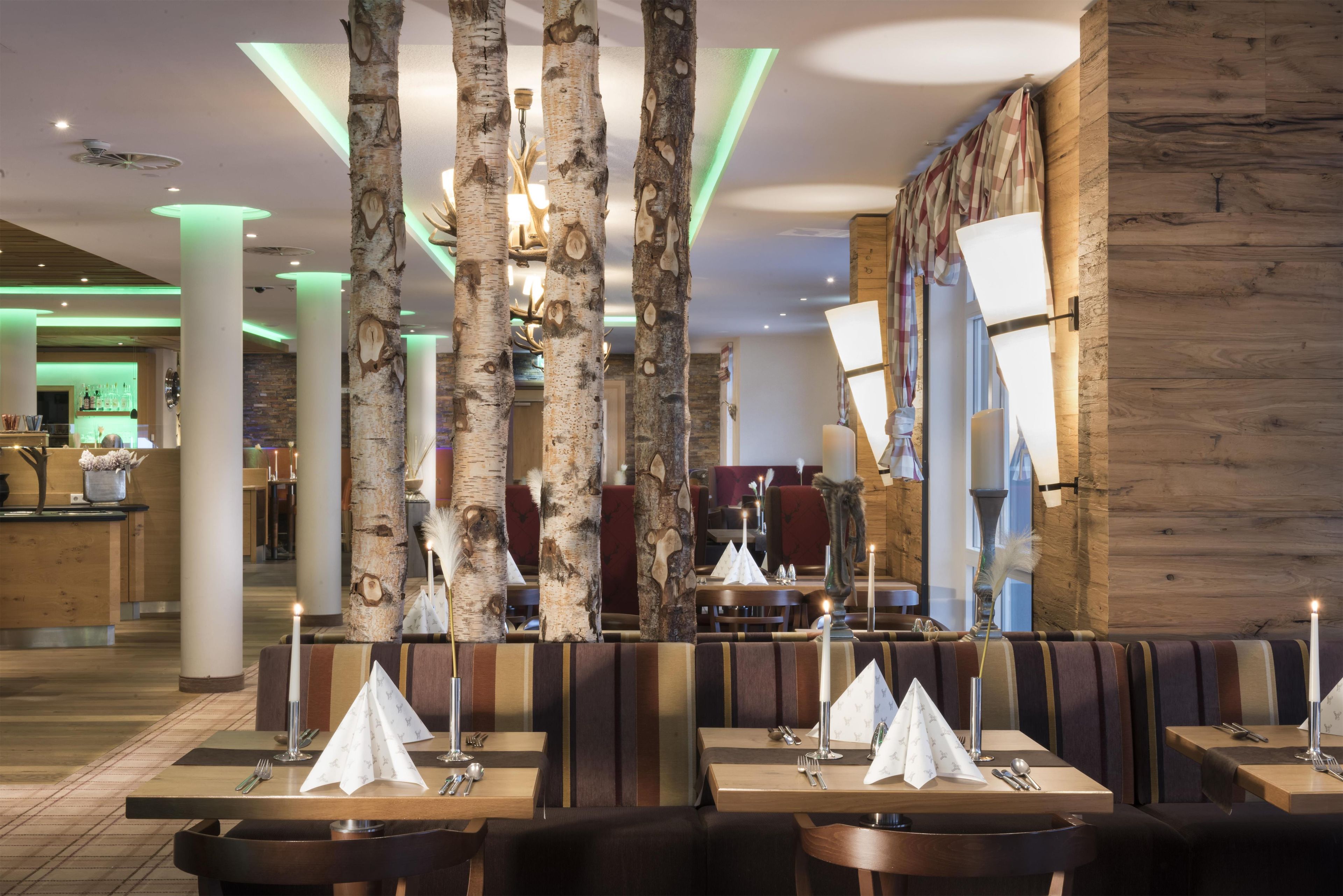 A restaurant with birch tree columns, wooden panel walls, and modern lighting.