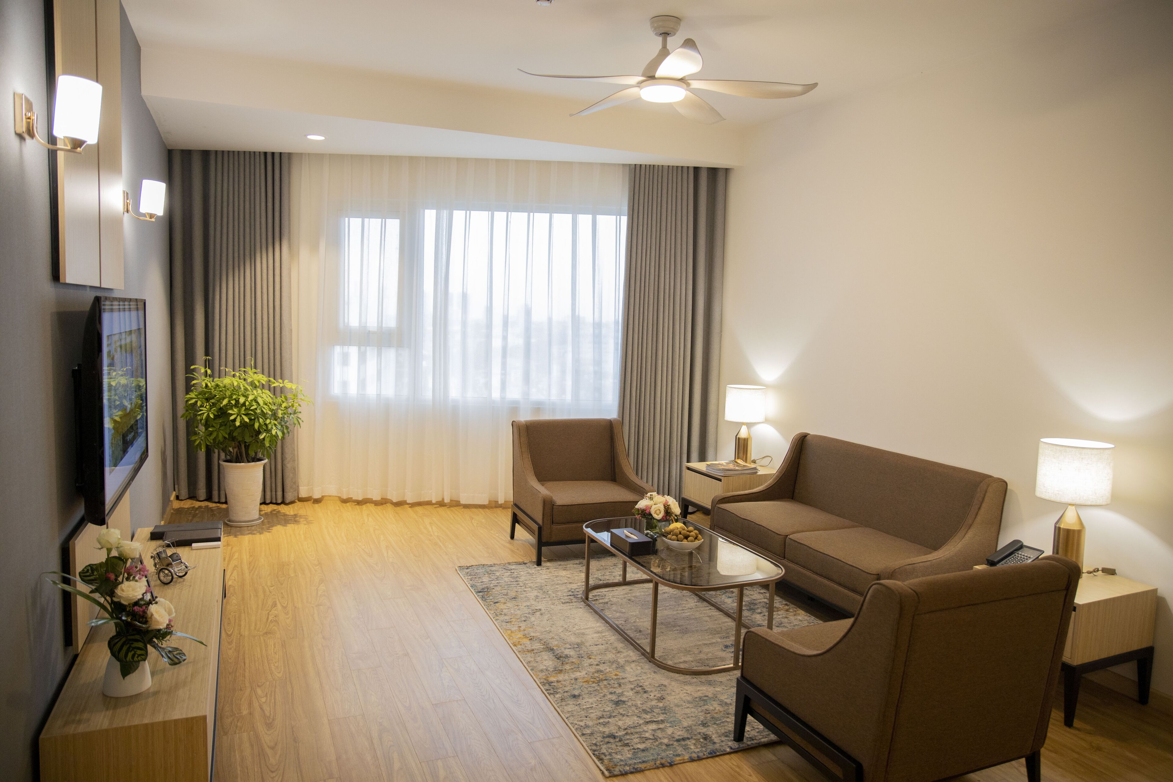 A modern living room with a sofa, armchairs, a coffee table, and a TV. There is a ceiling fan, a potted plant, and a lamp on a side table.