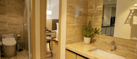 A modern bathroom with a sink, mirror, and potted plant.