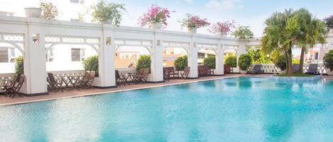 Outdoor pool, pool umbrellas, pool loungers