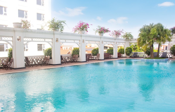 Outdoor pool, pool umbrellas, pool loungers