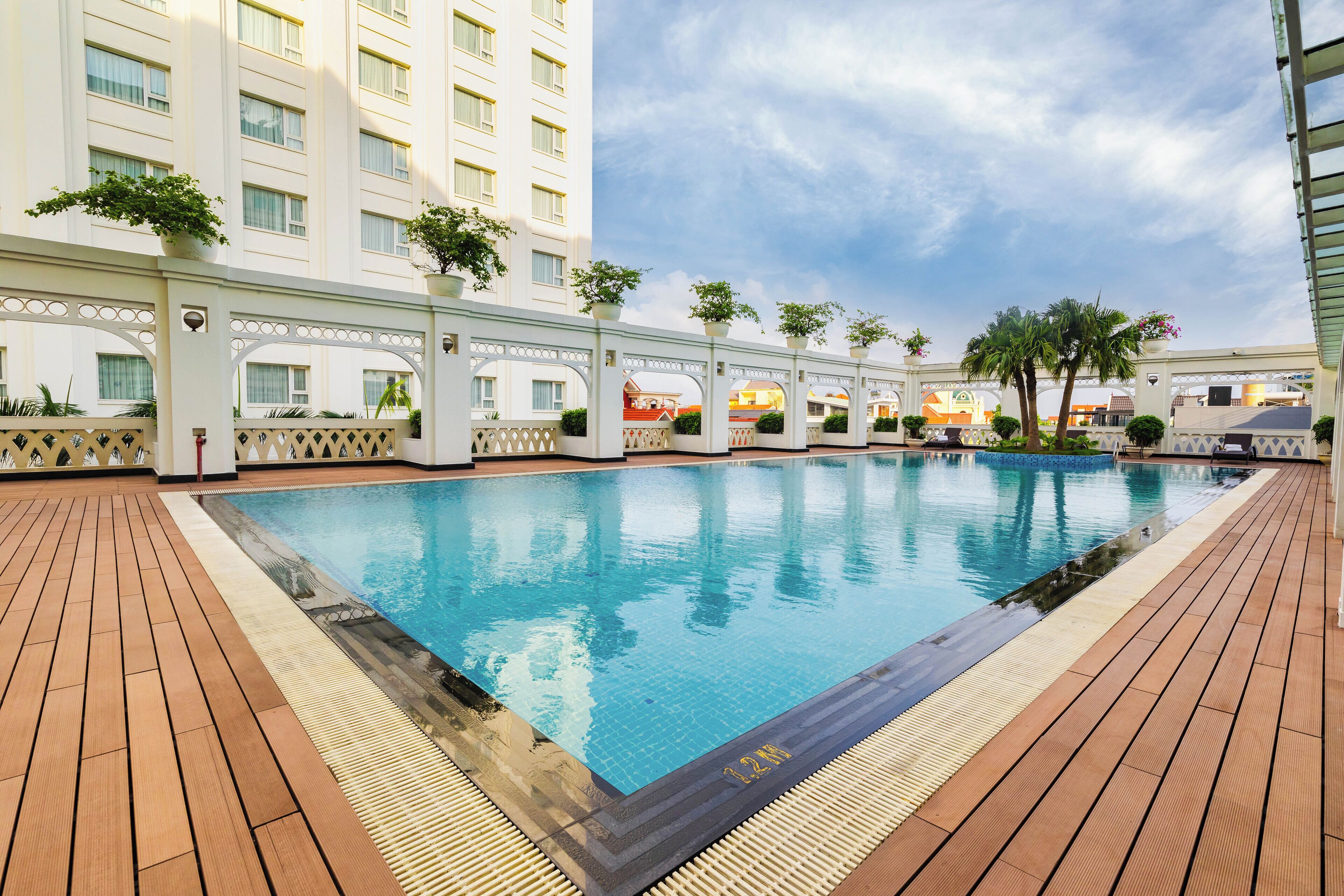 outdoor pool, pool umbrellas, pool loungers