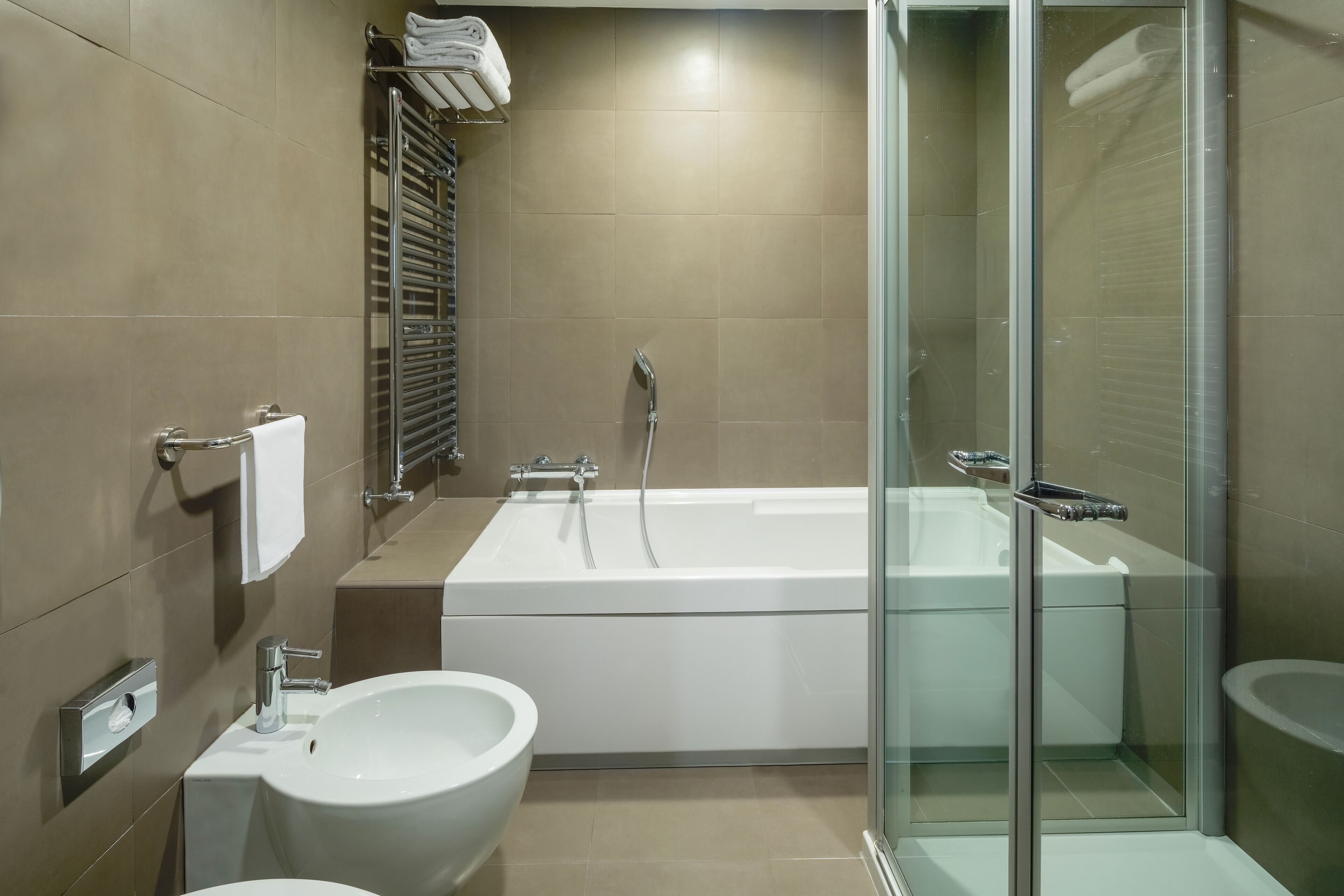 hair dryer, bidet, towels, soap