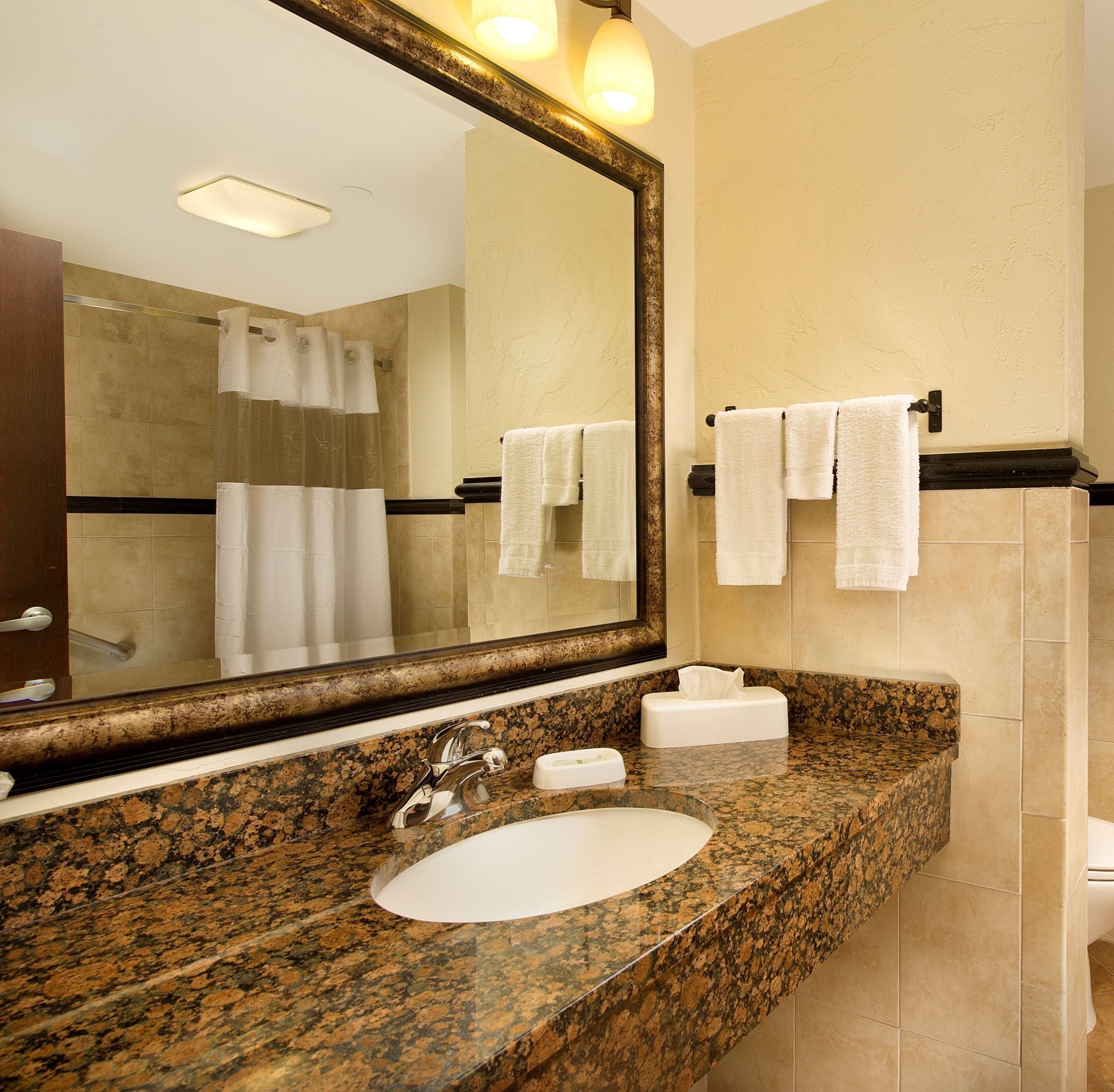 combined shower/bathtub, free toiletries, hair dryer, towels