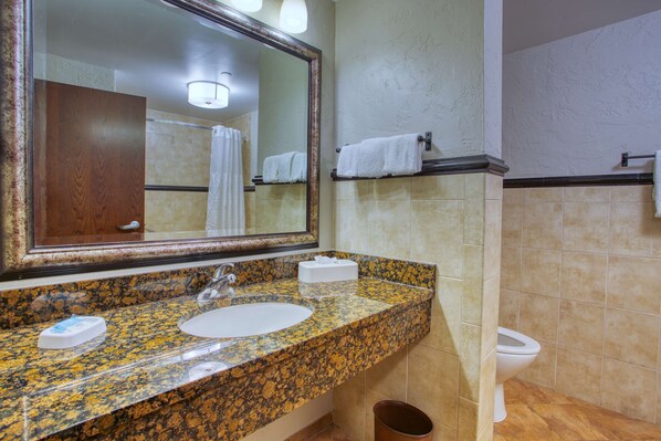 Un baño con lavamanos de encimera de granito, un espejo, inodoro y zona de ducha.