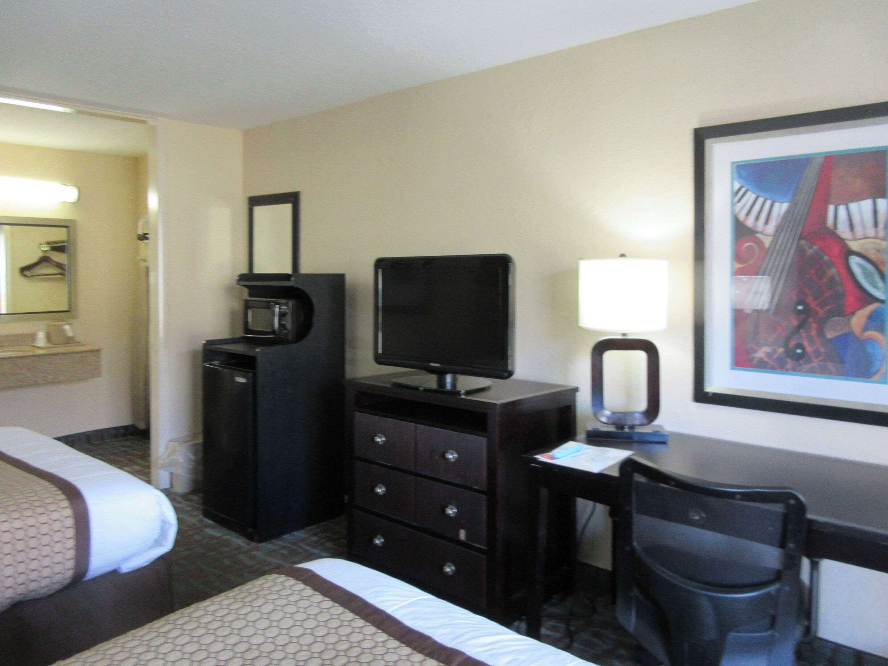 A hotel room with a bed, a desk, a chair, a television, a microwave, a dresser, a lamp, and a framed artwork on the wall.