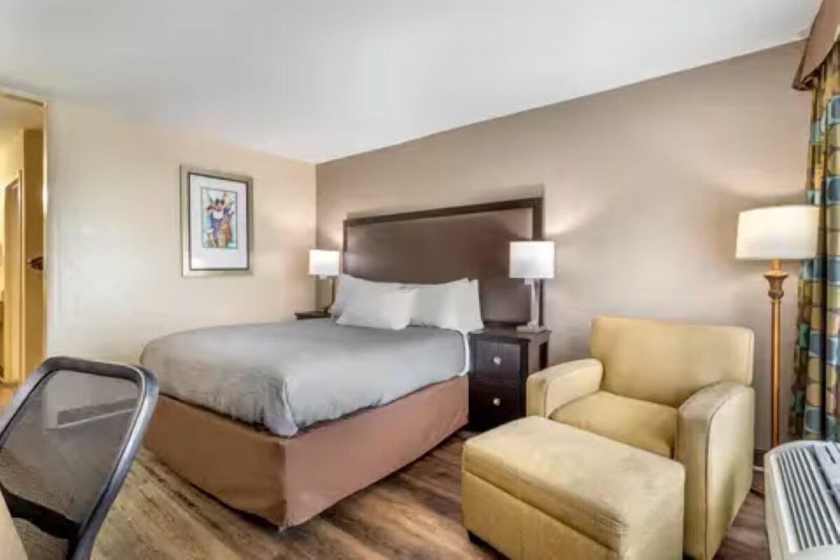 Habitación de hotel con cama, dos lámparas de noche, una silla, un escritorio y un cuadro en la pared.