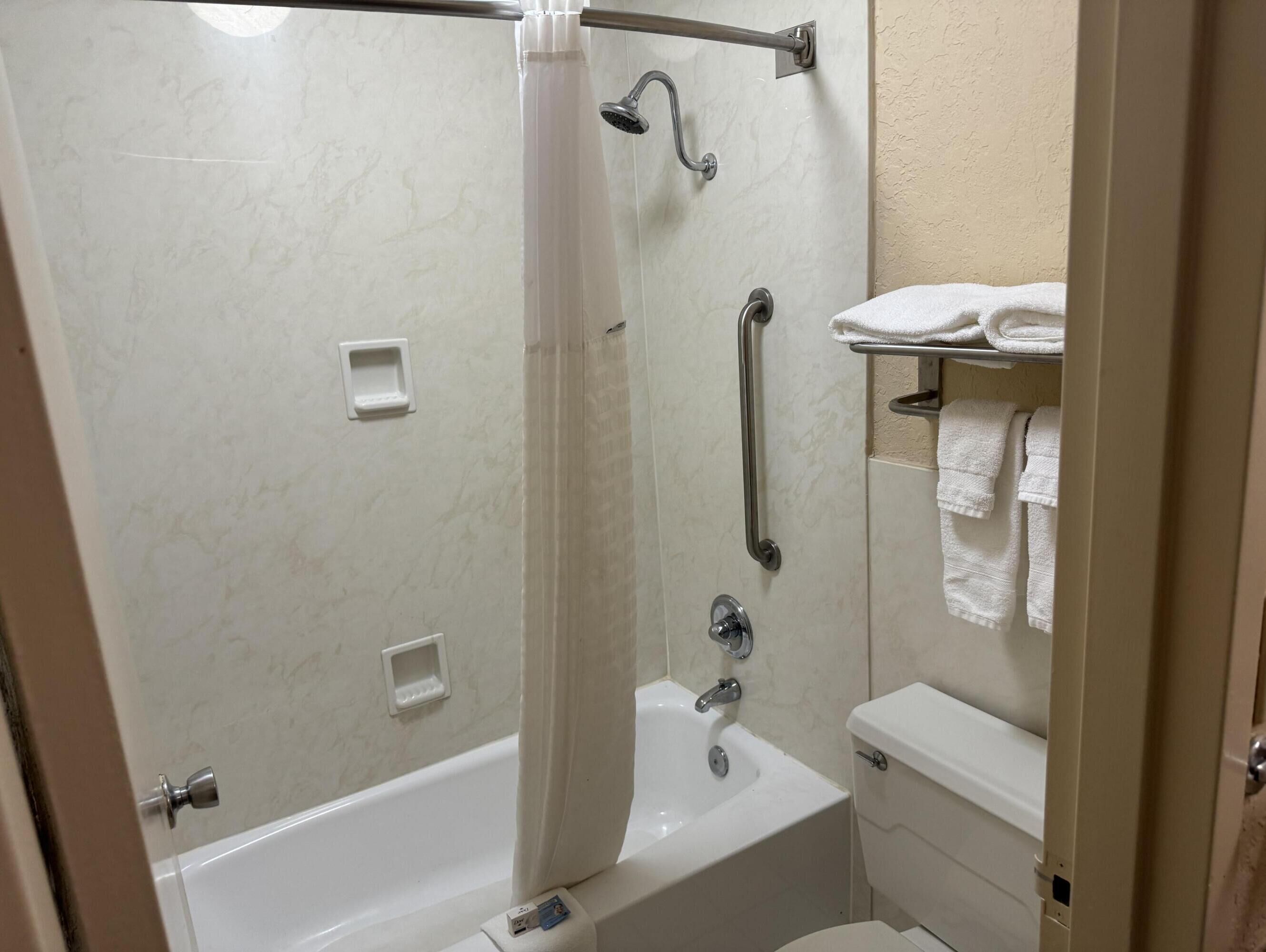 Une salle de bain équipée d’une baignoire, d’une douche, de toilettes et d’un porte-serviettes.
