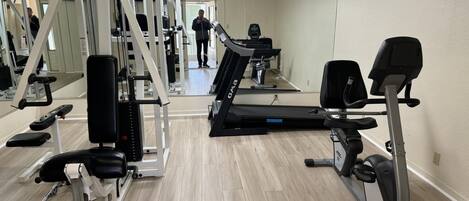 Un gimnasio con equipo cardiovascular, máquinas de pesas y espejos.