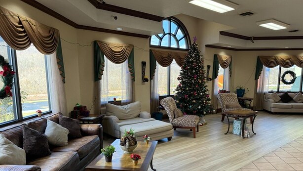 Amplia sala de estar con un gran árbol de Navidad, sofás de cuero y una mesa de centro de madera.