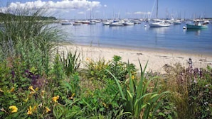 A marina with boats docked along the shore, surrounded by greenery and a sandy beach. - Mansion House Inn And Spa (Vineyard Haven)