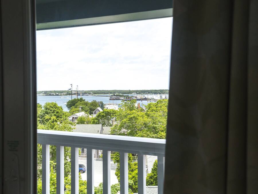 A view from a balcony overlooking a marina with boats, trees, and buildings.