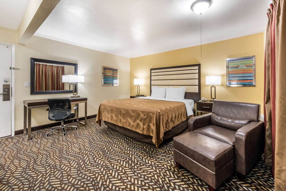 A hotel room with a large bed, a desk with a chair, a sofa, and two lamps.