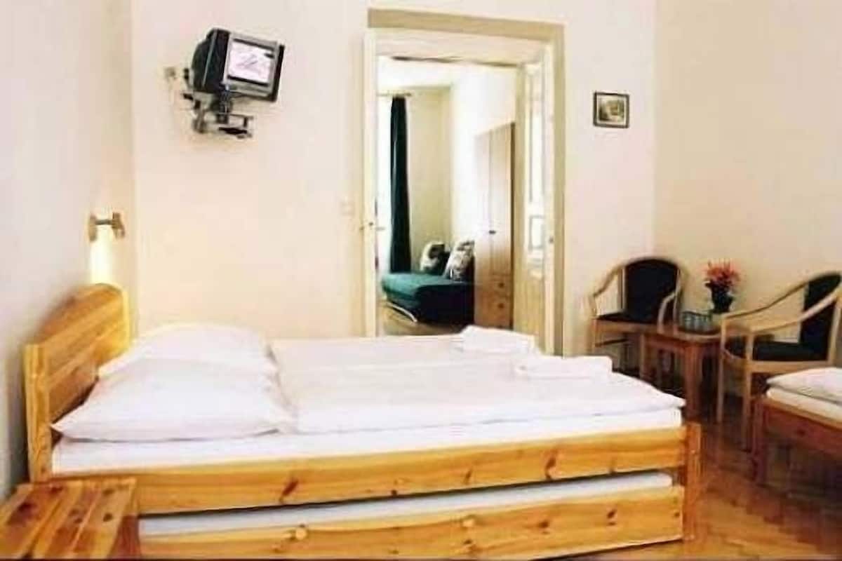 A single bed with a wooden headboard, a small bedside table with a lamp, and a television mounted on the wall.