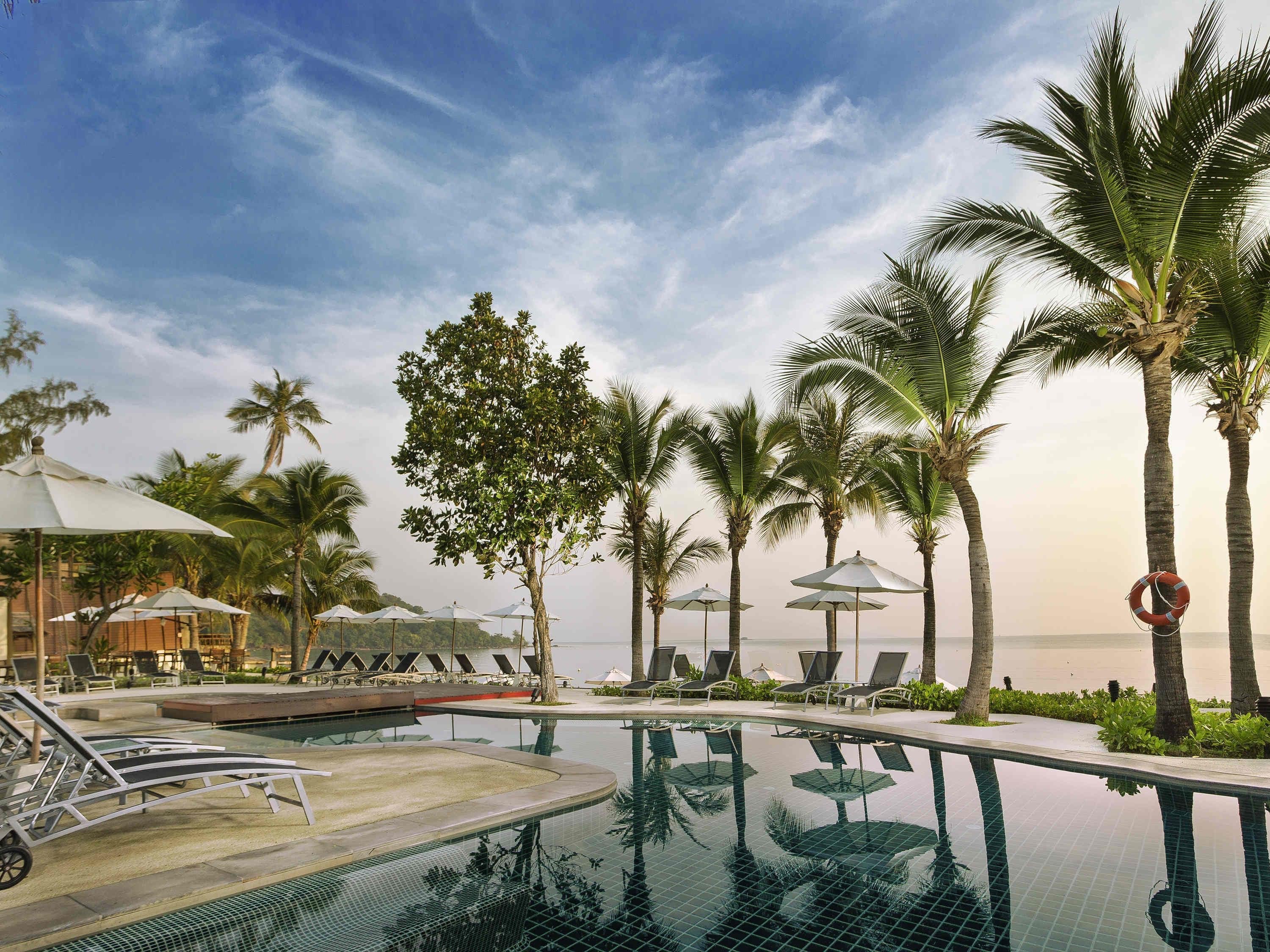 A poolside area with lounge chairs, umbrellas, and palm trees.