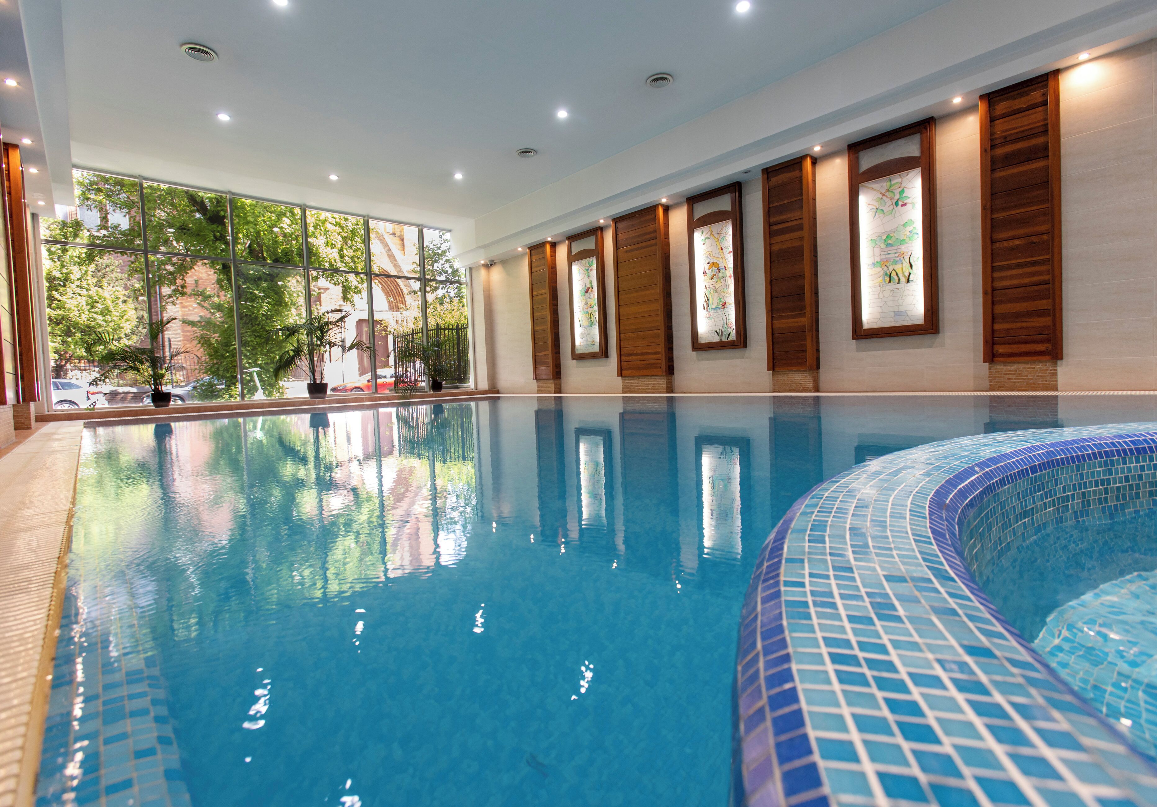 indoor pool, open 5:00 pm to 9:00 pm, pool loungers